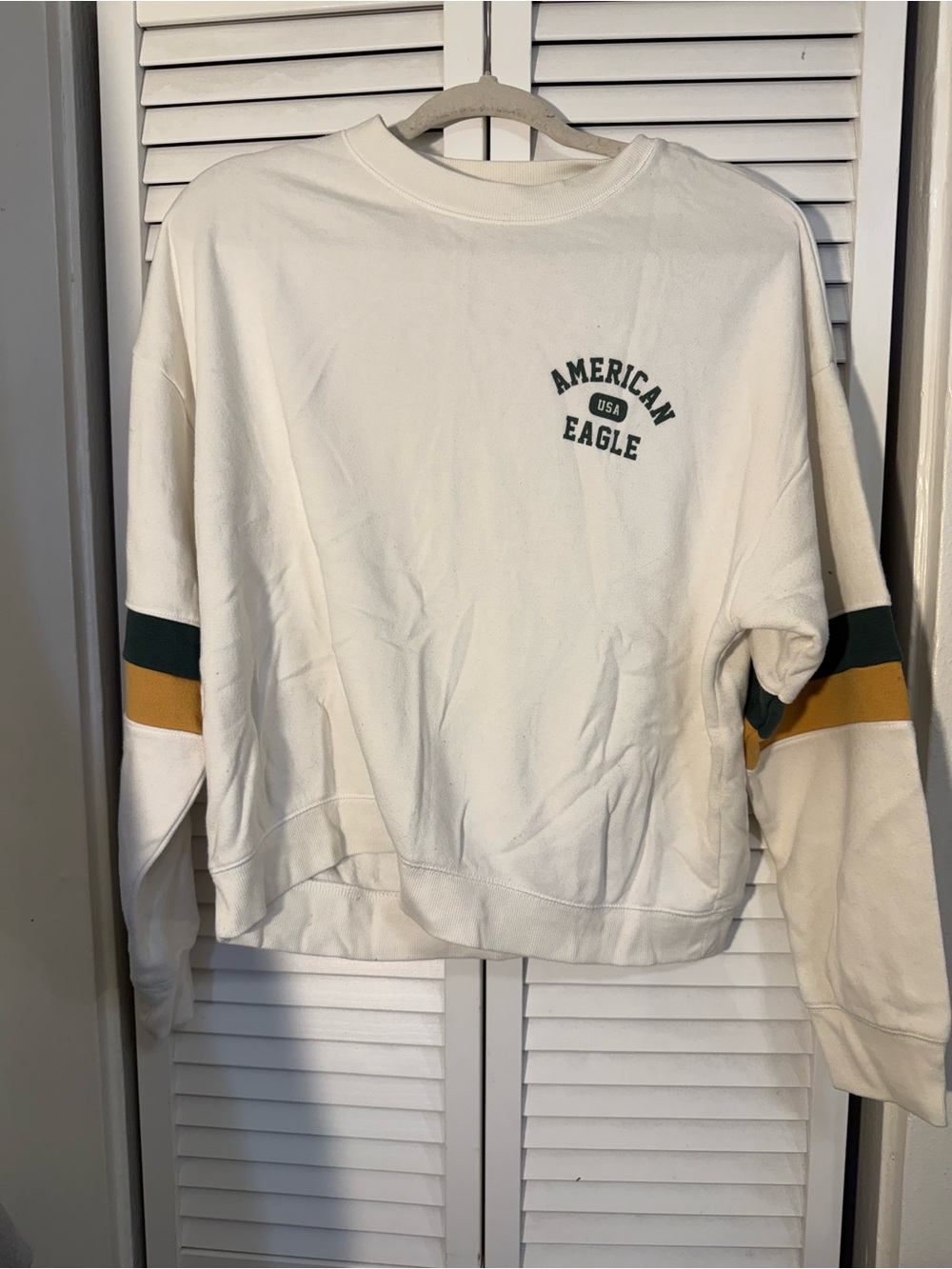 American Eagle Outfitters Cream Crewneck with Green & Yellow Sleeve Stripes